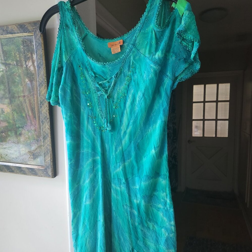 N25 Lovely Indian Bling Blouse Aqua Cold Shoulder Airy Rayon